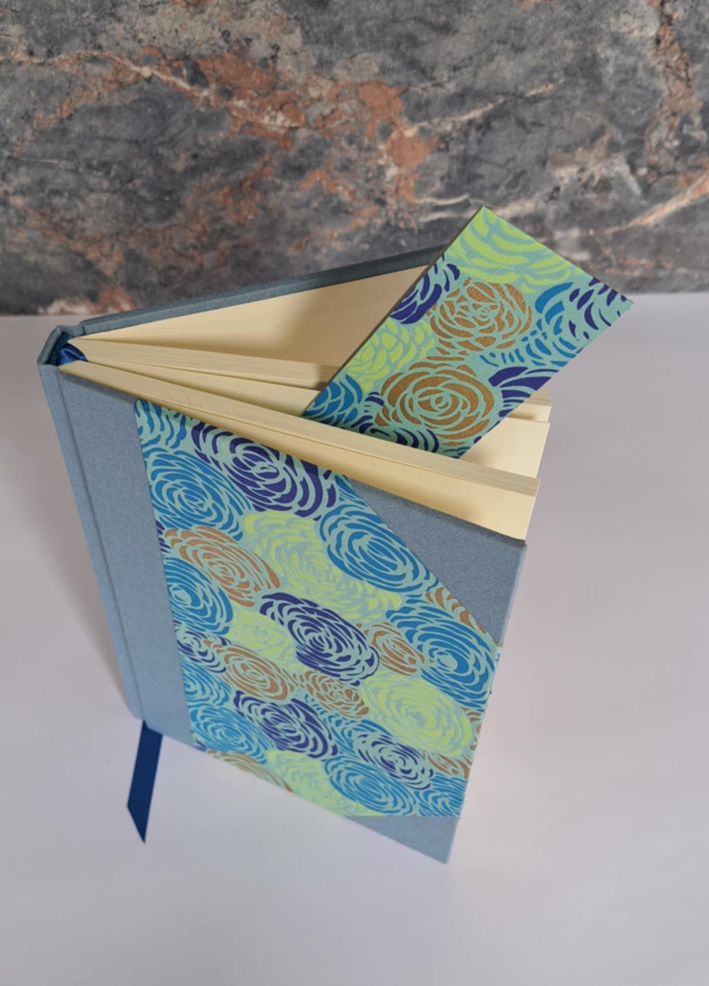 A5 Journal/Notebook (blank) - blue/grey cloth bound with turquoise and blue floral design front cover