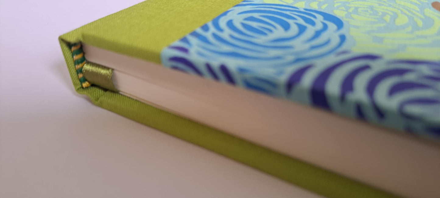 A5 Journal/Notebook (blank) - lime cloth bound with blue,turquoise and lime floral design front cover