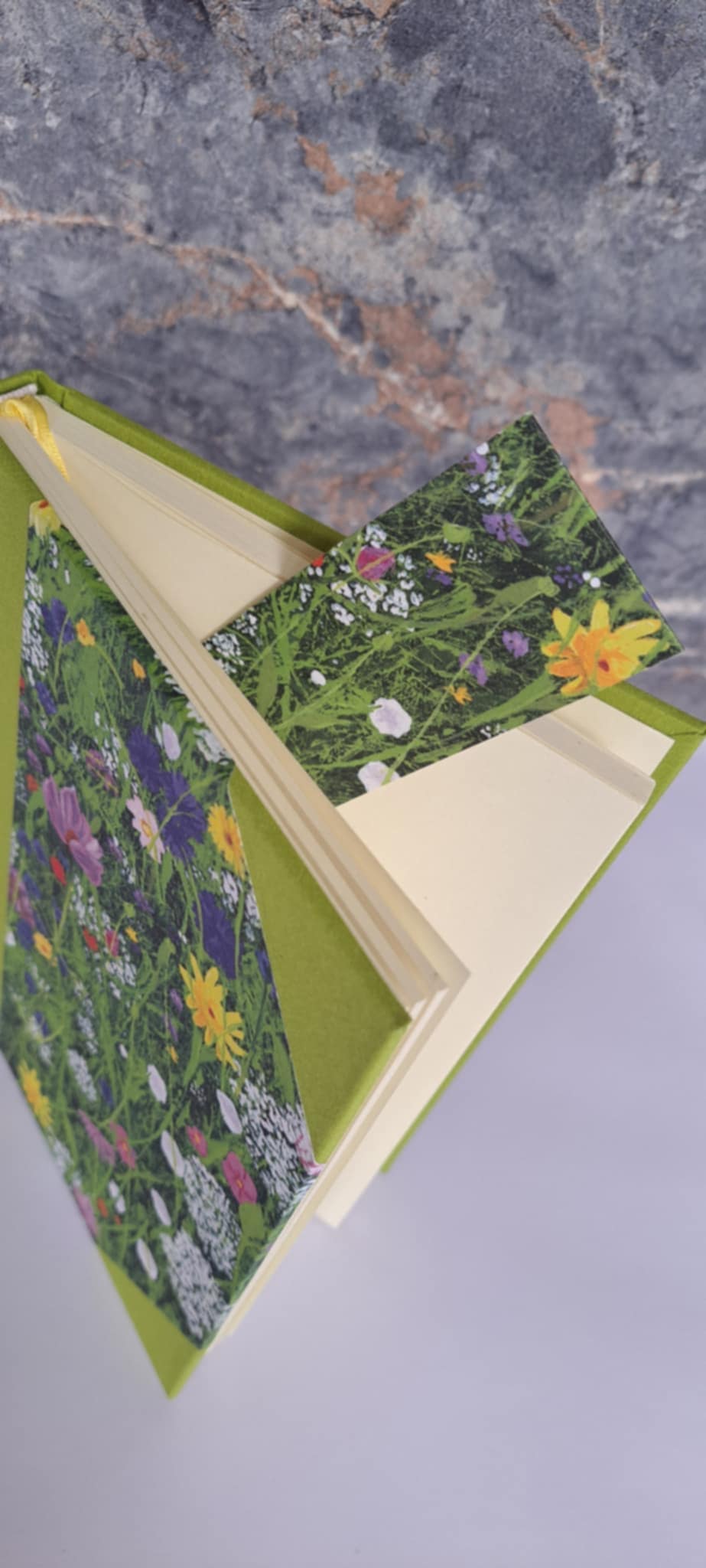 A5 Journal/Notebook (blank) - lime green cloth bound with eye-catching wildflower design front cover