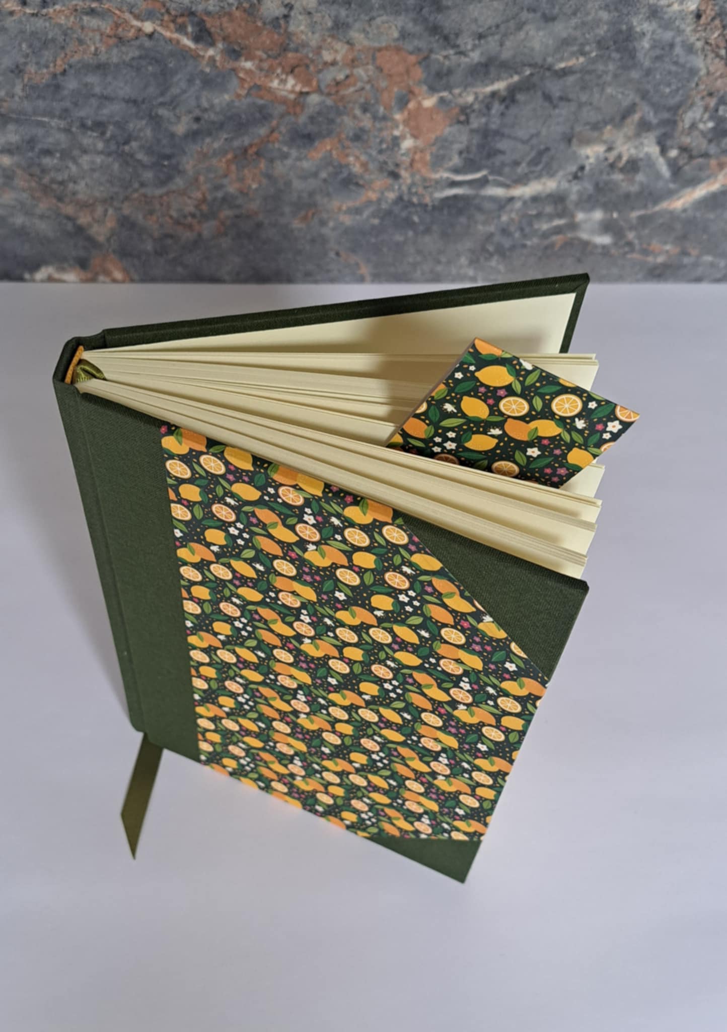 A5 Journal/Notebook (lined) - green cloth bound with citrus fruit design front cover