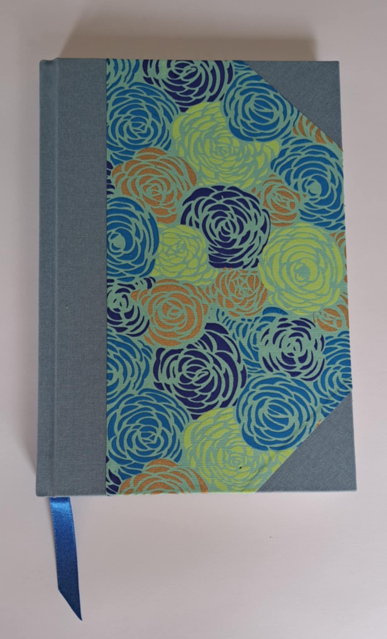 A5 Journal/Notebook (blank) - blue/grey cloth bound with turquoise and blue floral design front cover