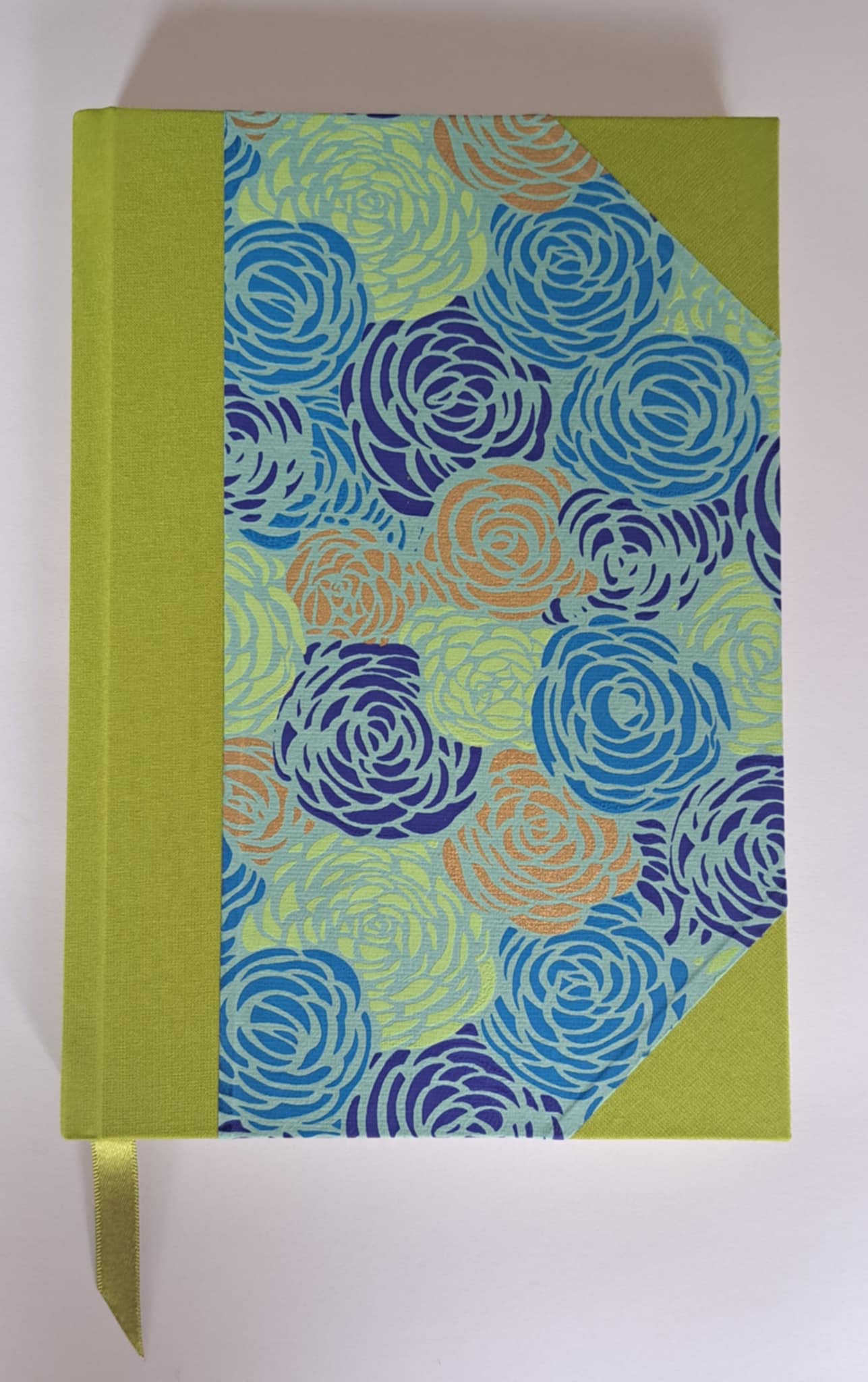 A5 Journal/Notebook (blank) - lime cloth bound with blue,turquoise and lime floral design front cover