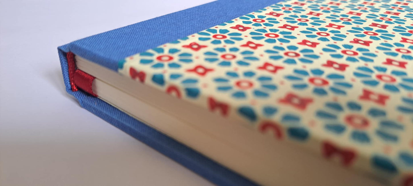 A5 Journal/Notebook (lined) - blue cloth bound with geometric floral design front cover