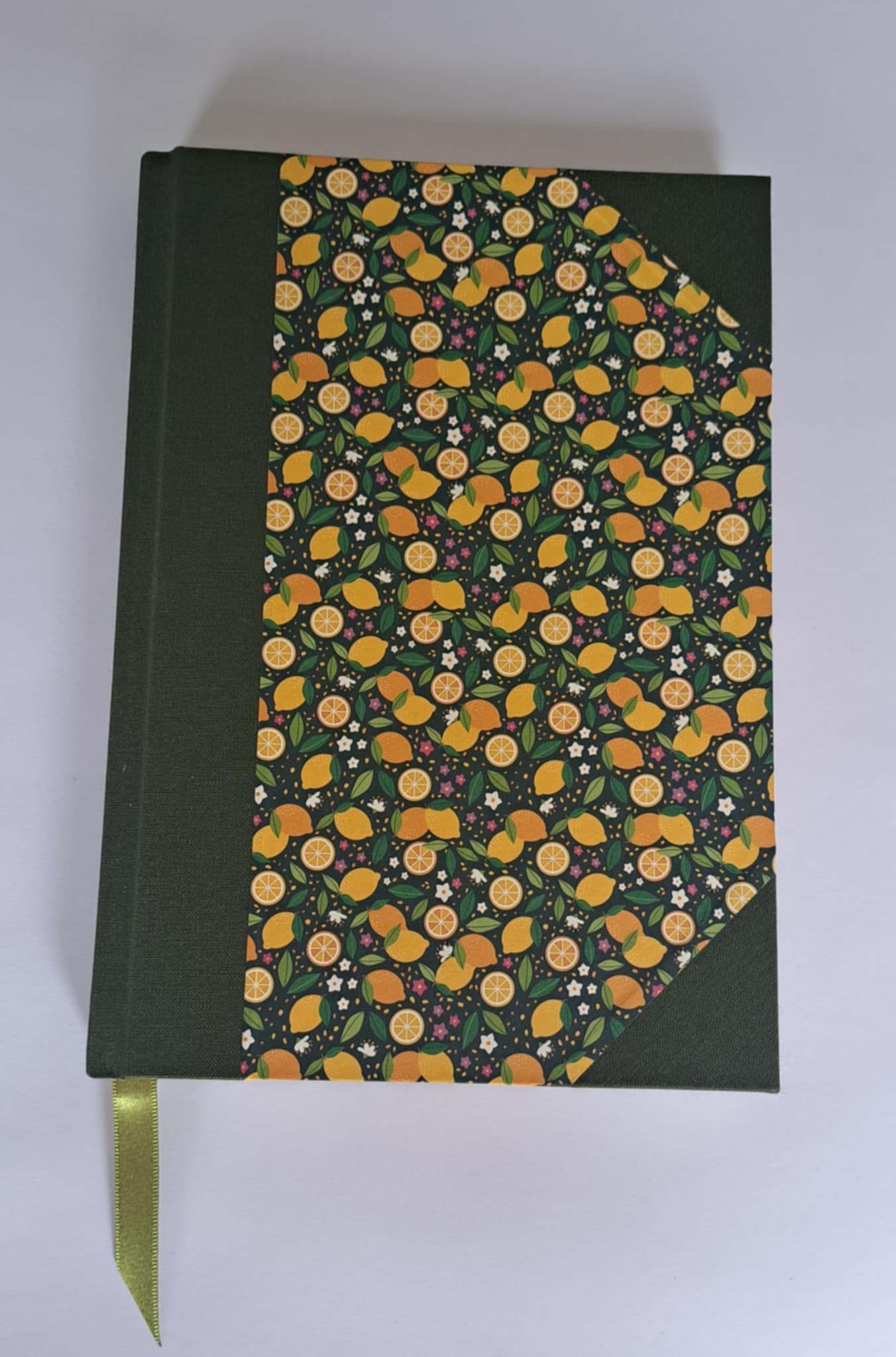 A5 Journal/Notebook (lined) - green cloth bound with citrus fruit design front cover
