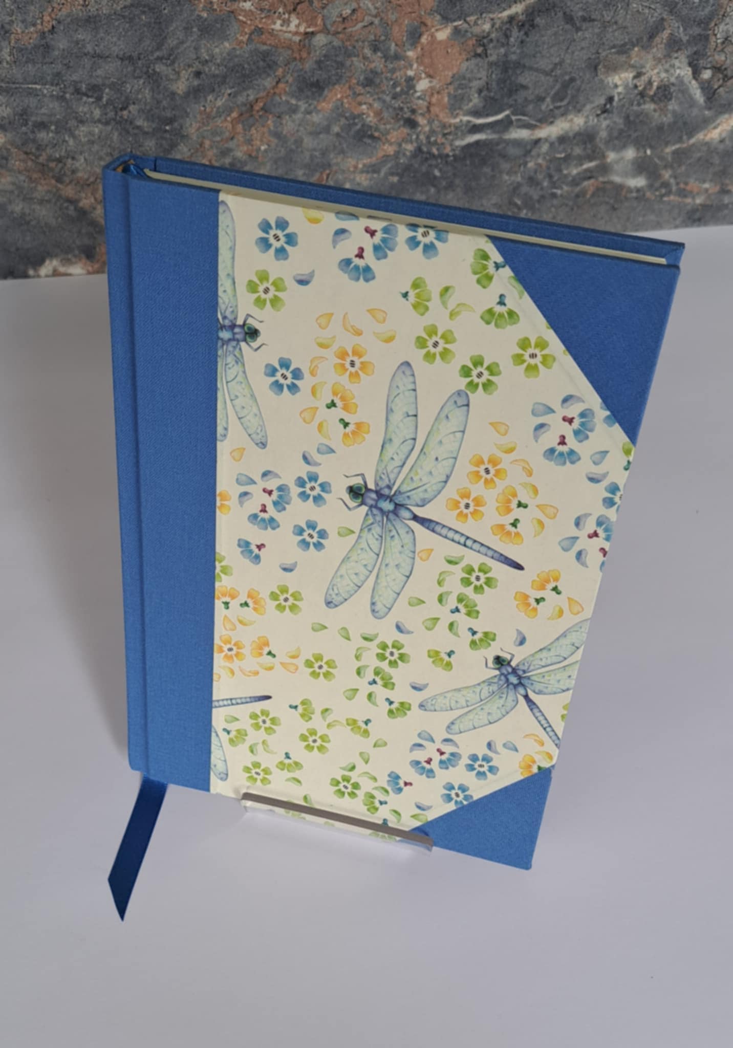 A5 Journal/Notebook (blank) - blue cloth bound with blue dragonfly design front cover