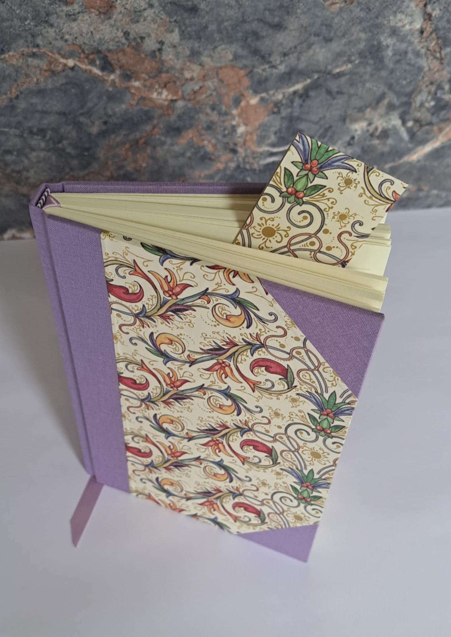 A5 Journal/Notebook (lined)- lilac cloth bound with Italian Florentine design front cover