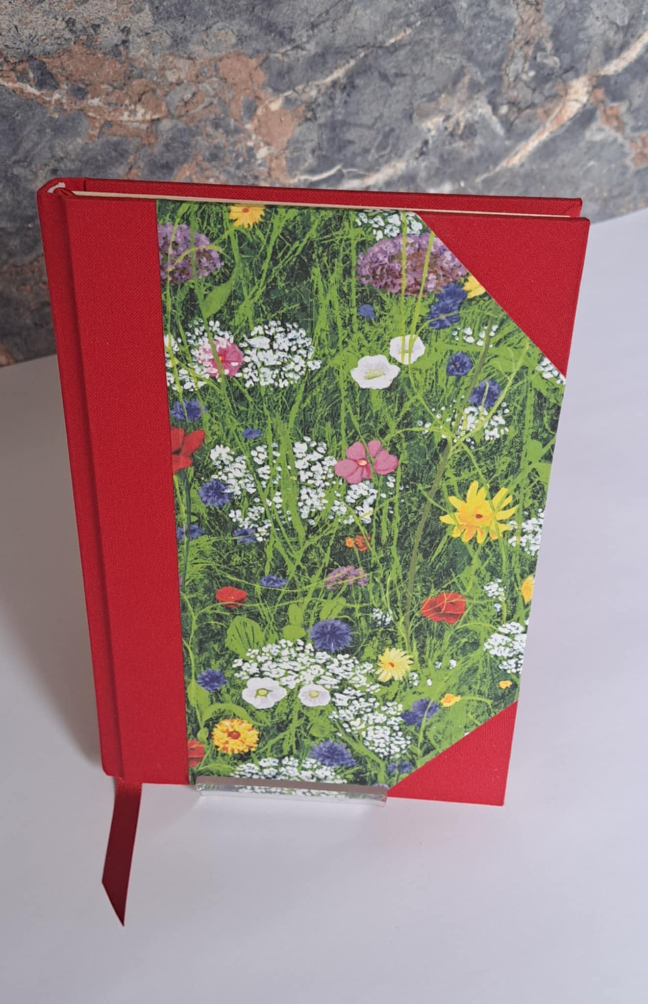 A5 Journal/Notebook (lined)- red cloth bound with wildflower floral design front cover