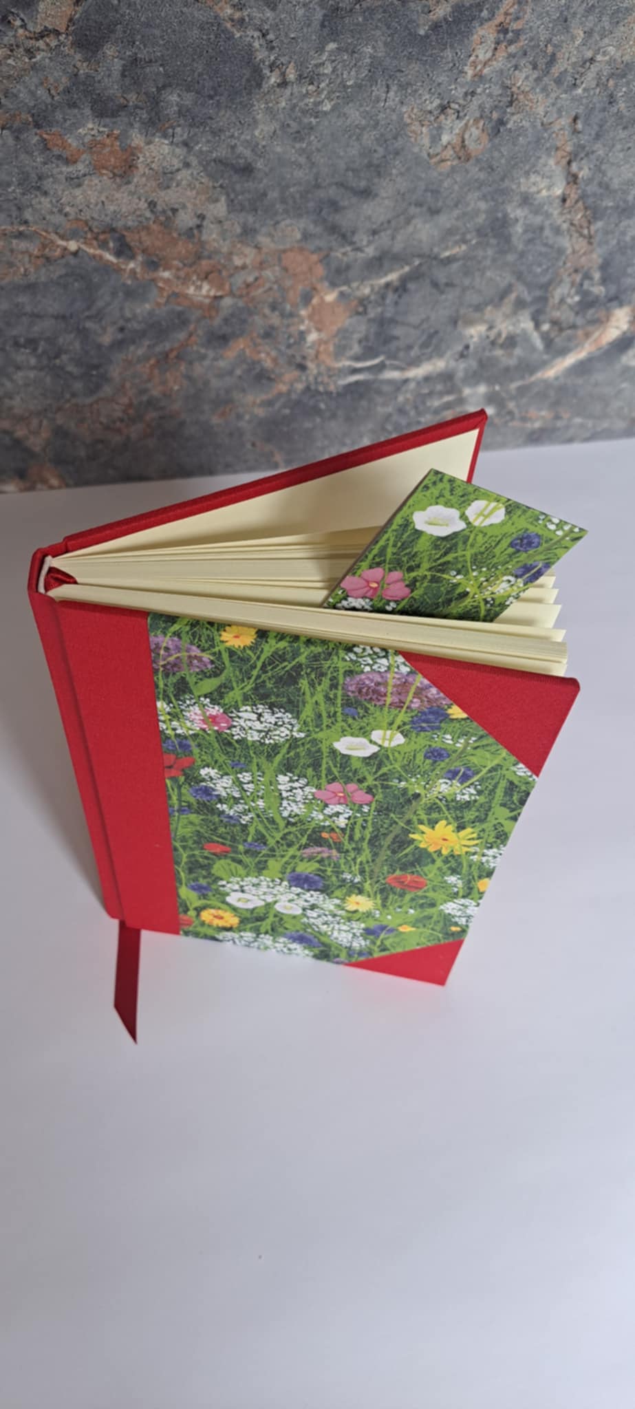 A5 Journal/Notebook (lined)- red cloth bound with wildflower floral design front cover
