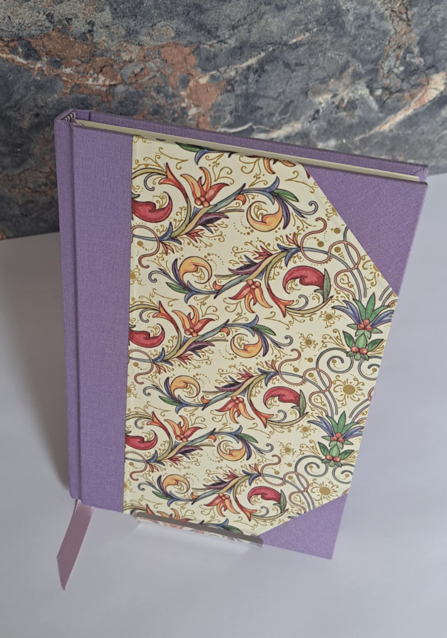 A5 Journal/Notebook (lined)- lilac cloth bound with Italian Florentine design front cover