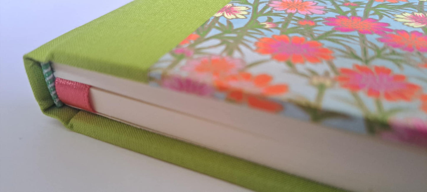 A5 Journal/Notebook (lined)- lime cloth bound with floral design front cover