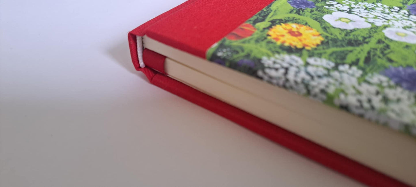 A5 Journal/Notebook (lined)- red cloth bound with wildflower floral design front cover