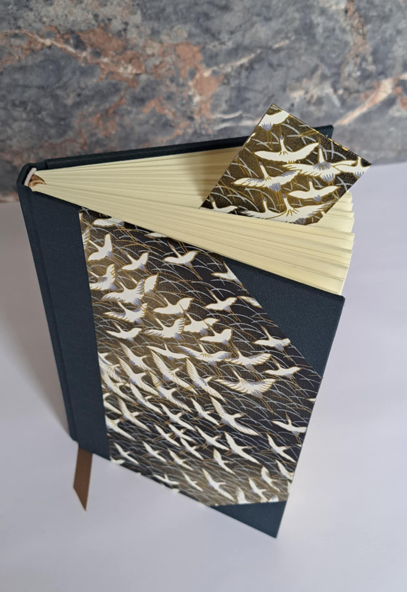 A5 Journal/Notebook (lined)- dark blue cloth bound with Japanese cranes design front cover
