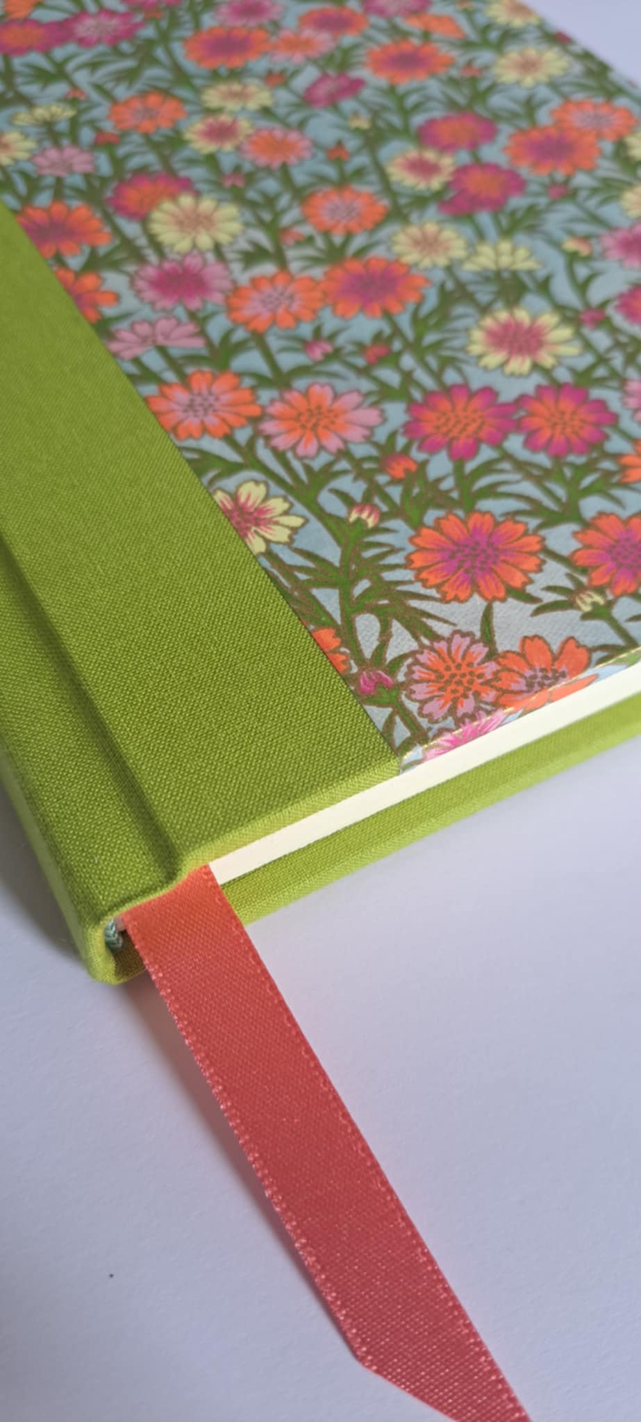 A5 Journal/Notebook (lined)- lime cloth bound with floral design front cover