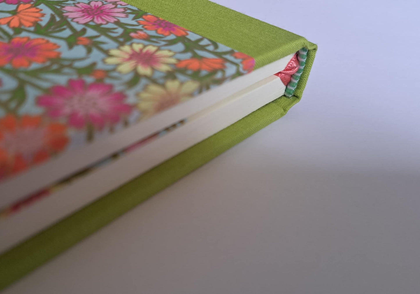 A5 Journal/Notebook (lined)- lime cloth bound with floral design front cover
