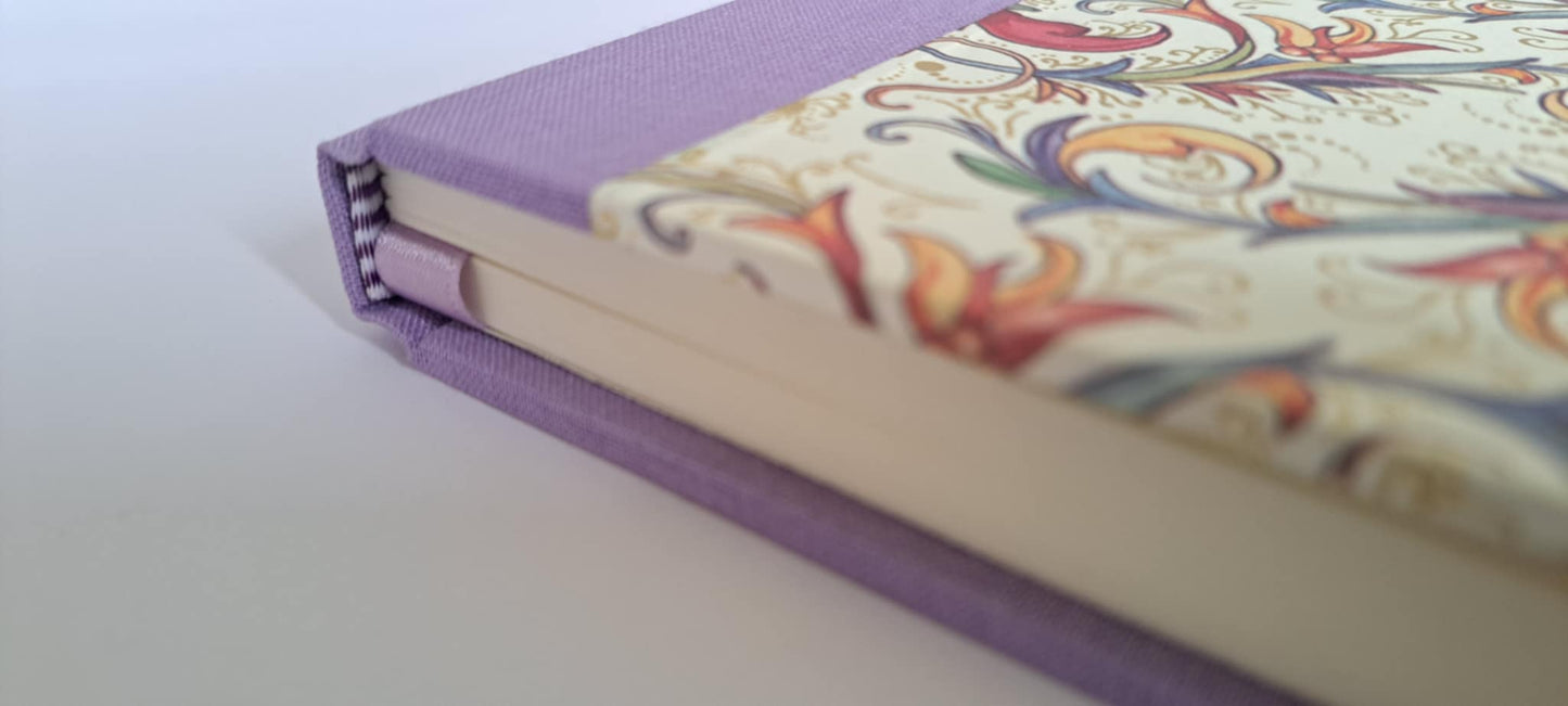 A5 Journal/Notebook (lined)- lilac cloth bound with Italian Florentine design front cover