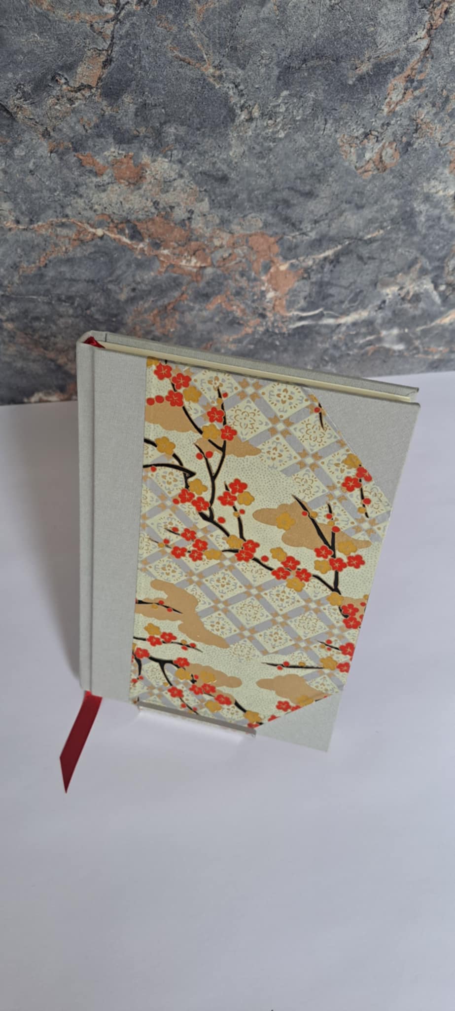 A5 Journal/Notebook (lined) - silver grey cloth bound with Japanese blossom design front cover