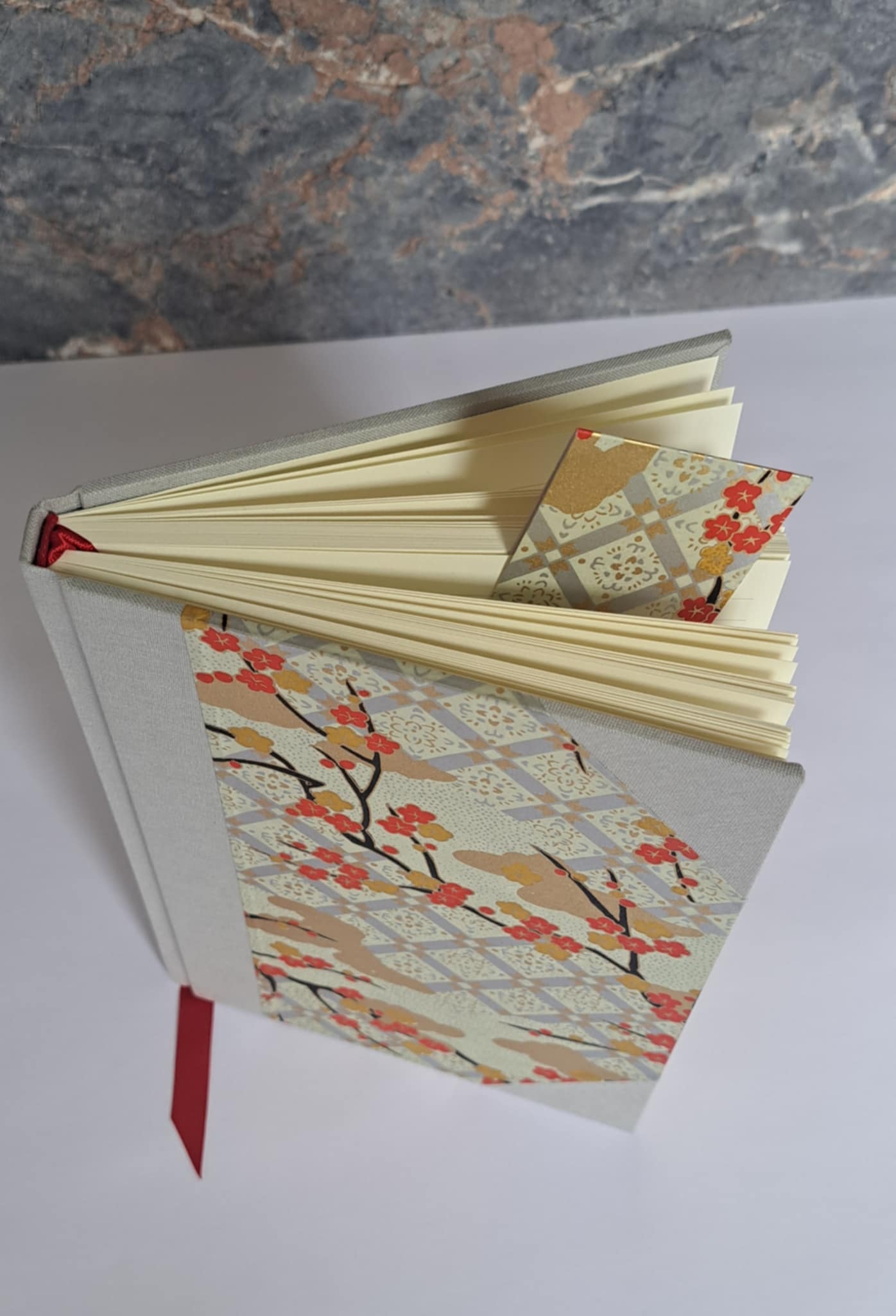 A5 Journal/Notebook (lined) - silver grey cloth bound with Japanese blossom design front cover