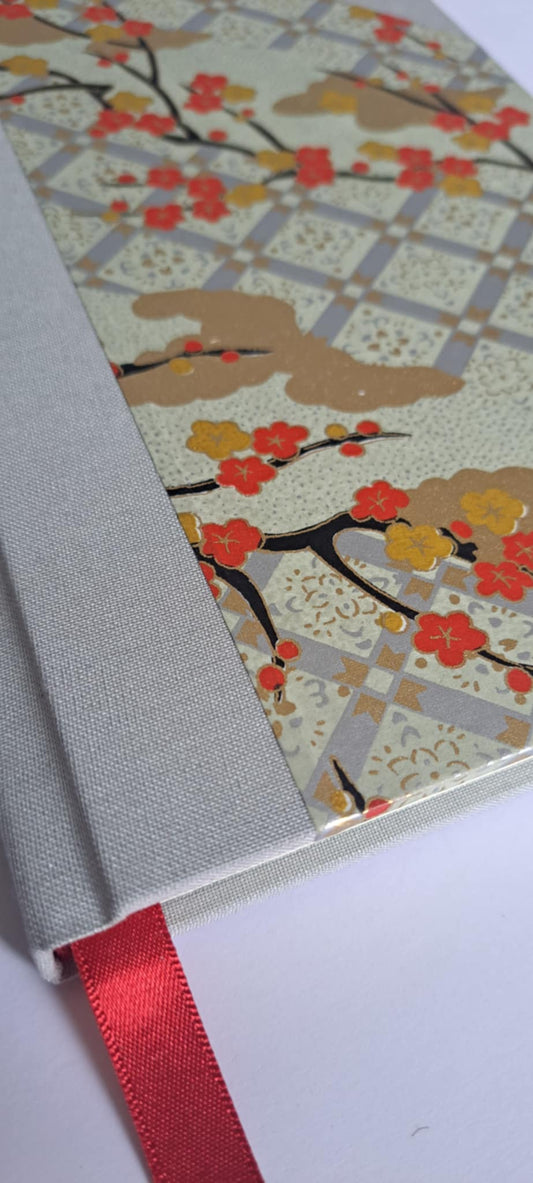 A5 Journal/Notebook (lined) - silver grey cloth bound with Japanese blossom design front cover