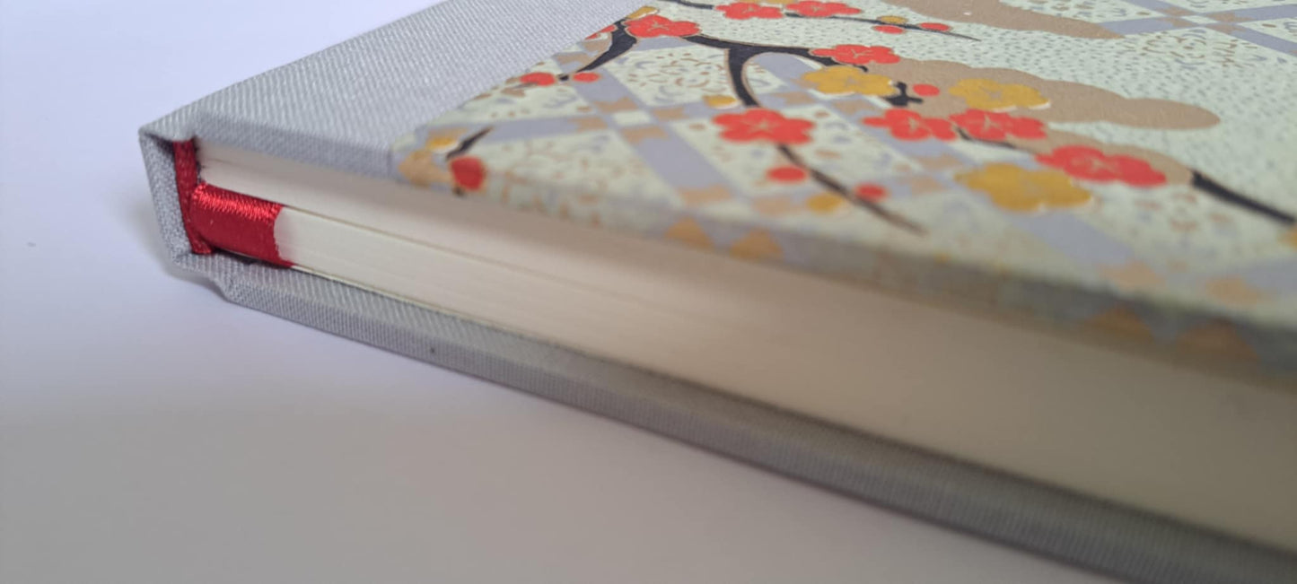 A5 Journal/Notebook (lined) - silver grey cloth bound with Japanese blossom design front cover