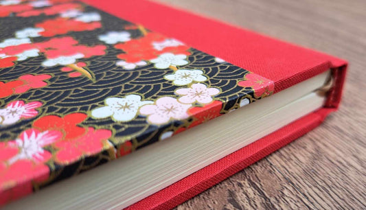 A5 Journal/Notebook (lined)- red cloth bound with red floral design front cover