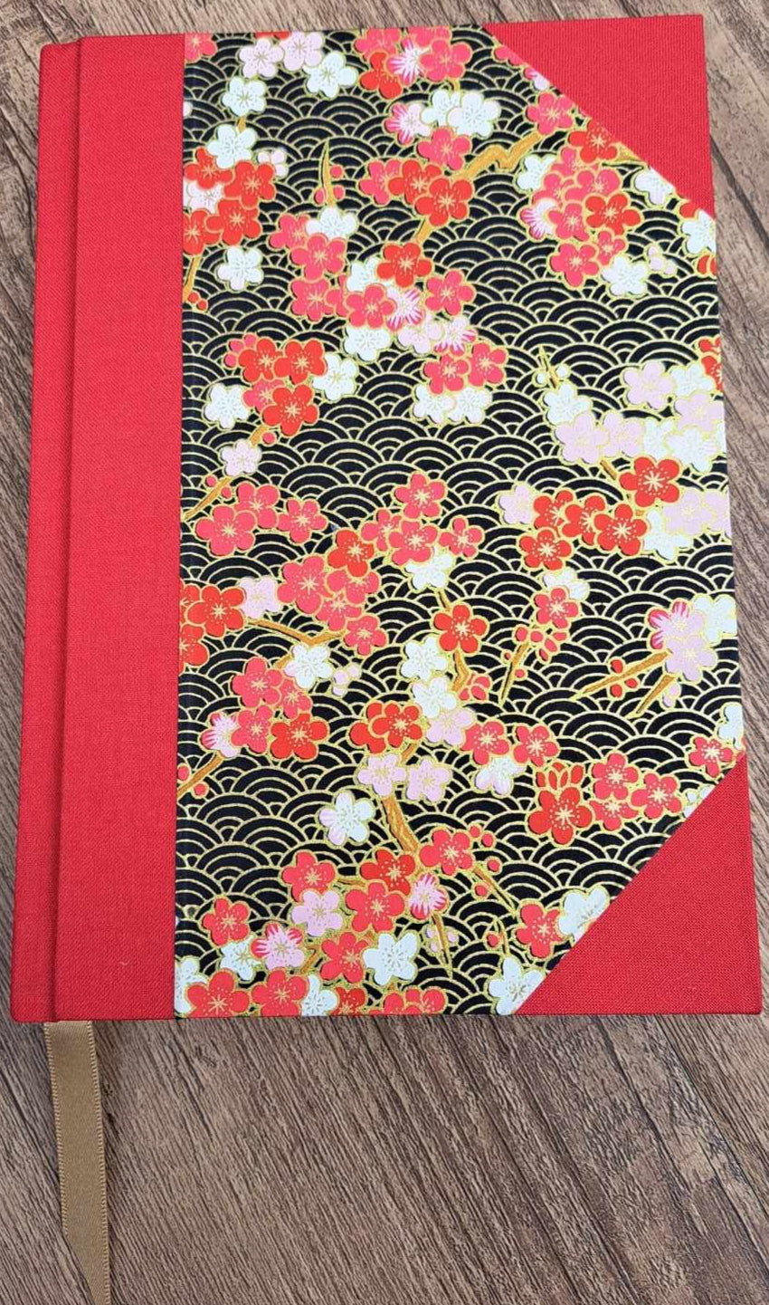 A5 Journal/Notebook (lined)- red cloth bound with red floral design front cover