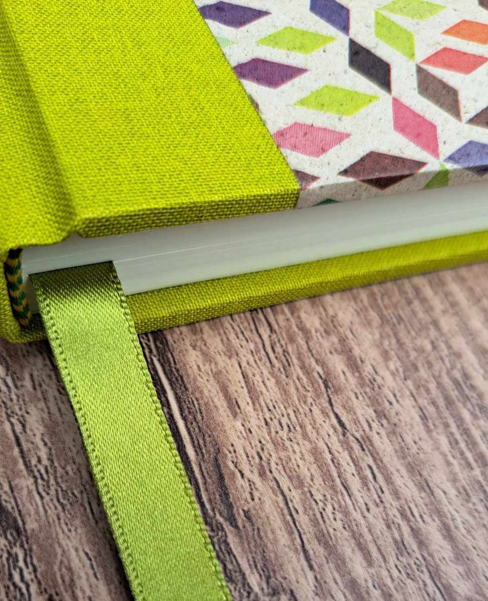 A5 Journal/Notebook (lined)- lime cloth bound with geometric design front cover