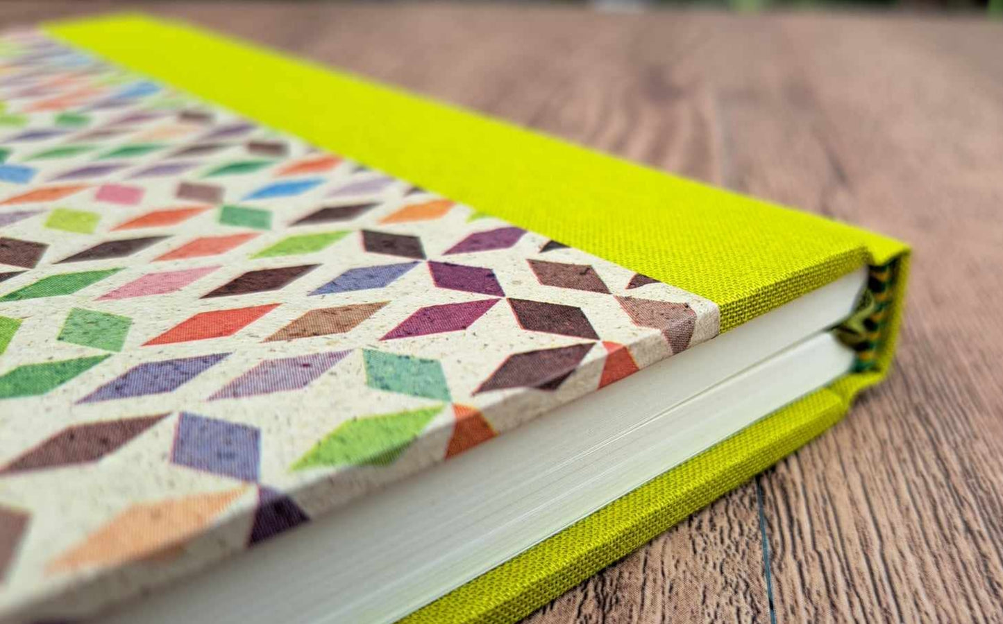 A5 Journal/Notebook (lined)- lime cloth bound with geometric design front cover