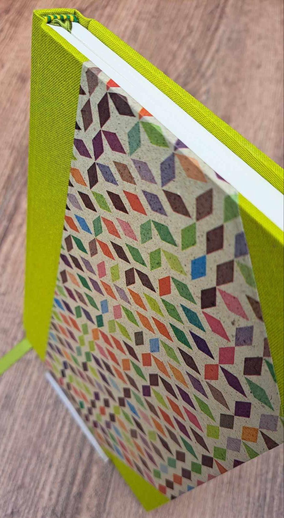 A5 Journal/Notebook (lined) - lime cloth bound with geometric design front cover