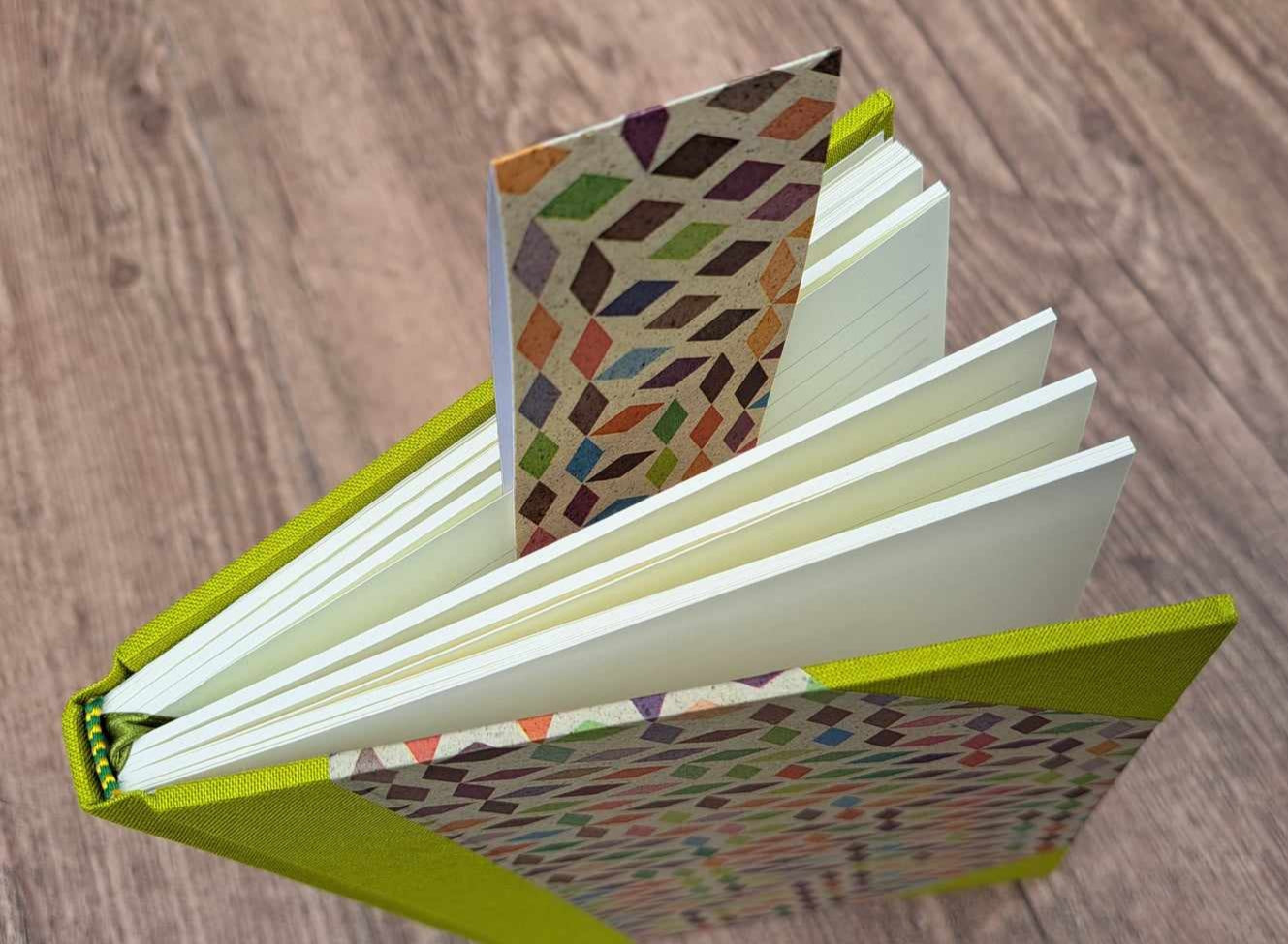 A5 Journal/Notebook (lined)- lime cloth bound with geometric design front cover