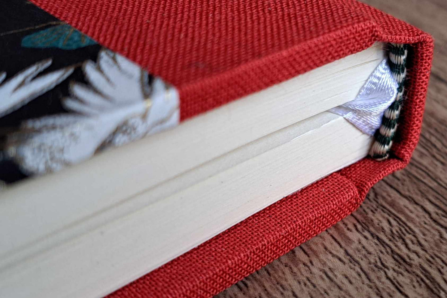 A5 Journal/Notebook (lined) - red cloth bound with black and white Japanese cranes design front cover