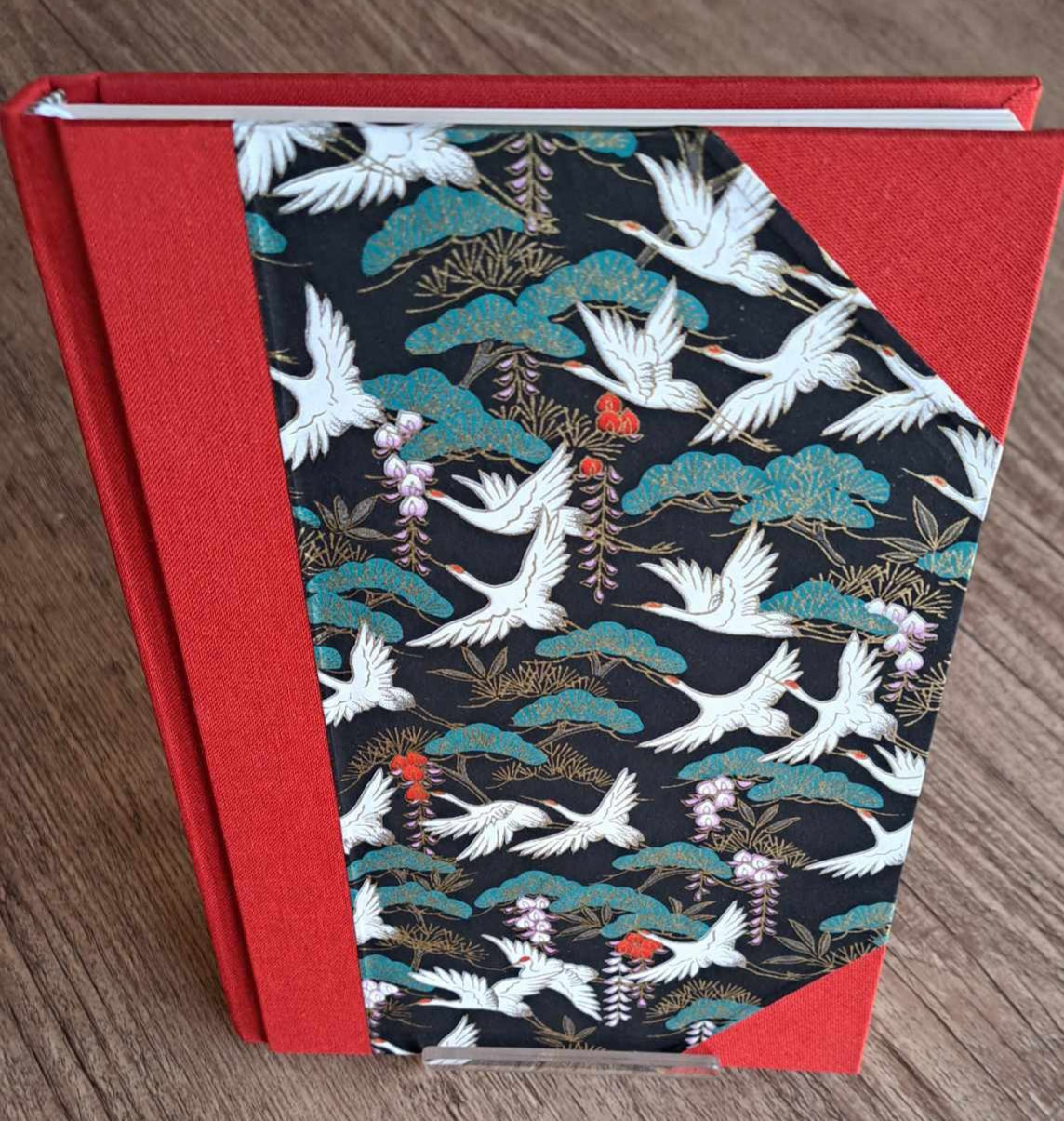 A5 Journal/Notebook (lined) - red cloth bound with black and white Japanese cranes design front cover