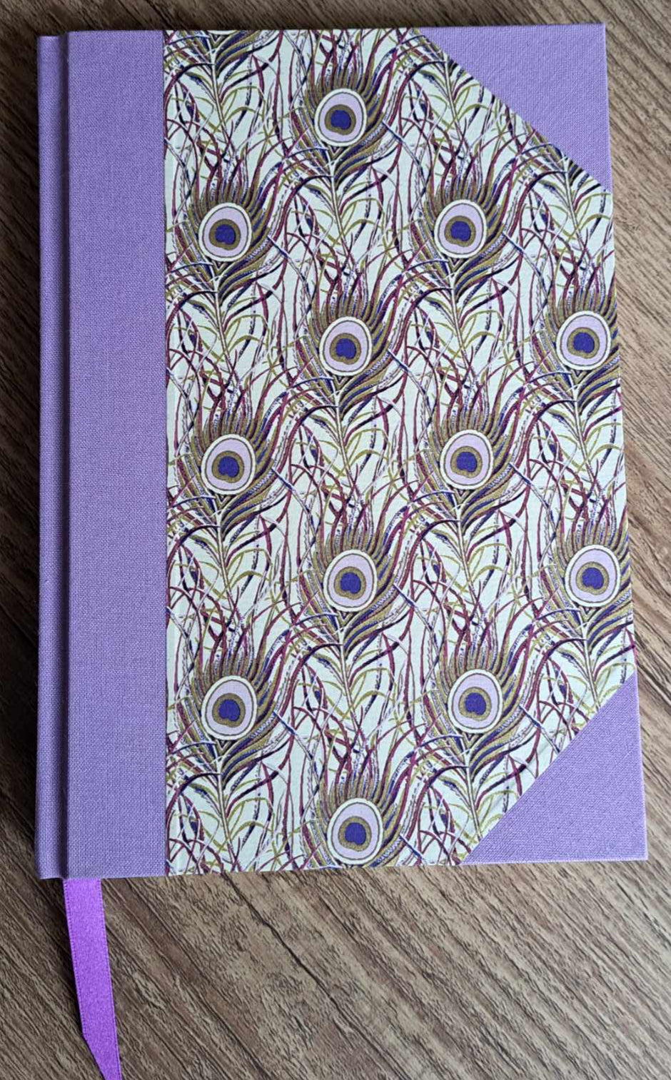 A5 Journal/Notebook (blank) - lilac cloth bound with peacock design front cover