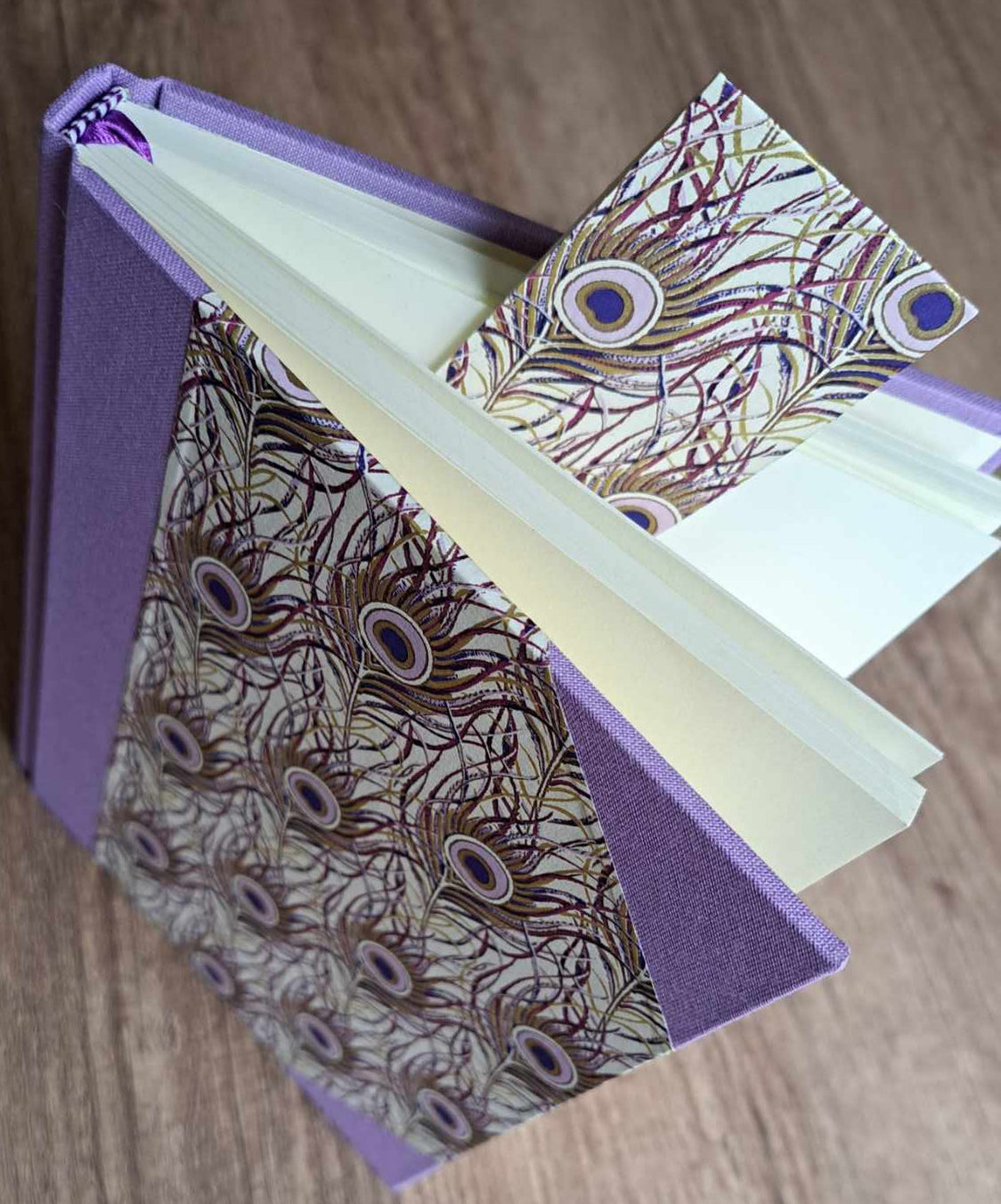 A5 Journal/Notebook (blank) - lilac cloth bound with peacock design front cover