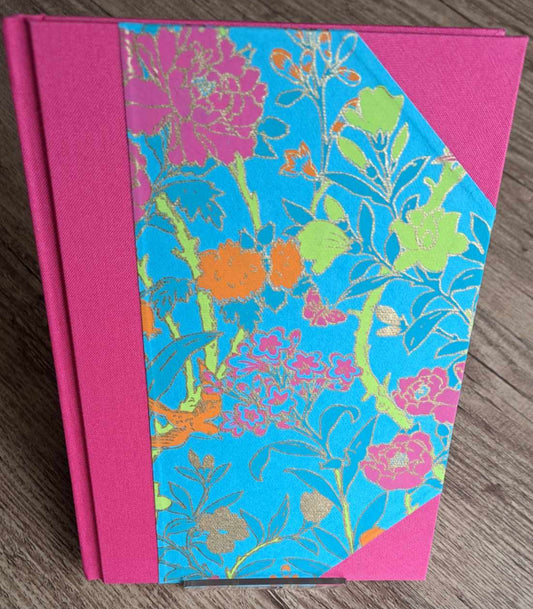 A5 Journal/Notebook (blank) - pink cloth bound with modern turquoise floral design front cover