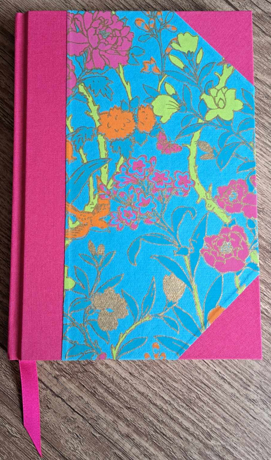 A5 Journal/Notebook (blank) - pink cloth bound with modern turquoise floral design front cover