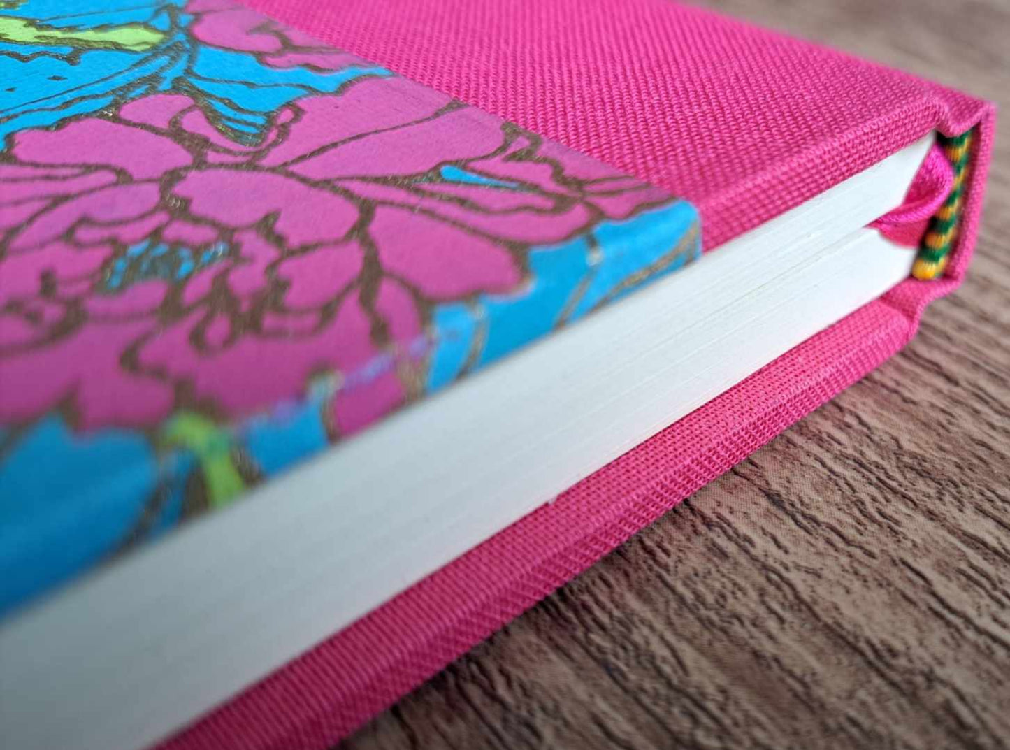 A5 Journal/Notebook (blank) - pink cloth bound with modern turquoise floral design front cover