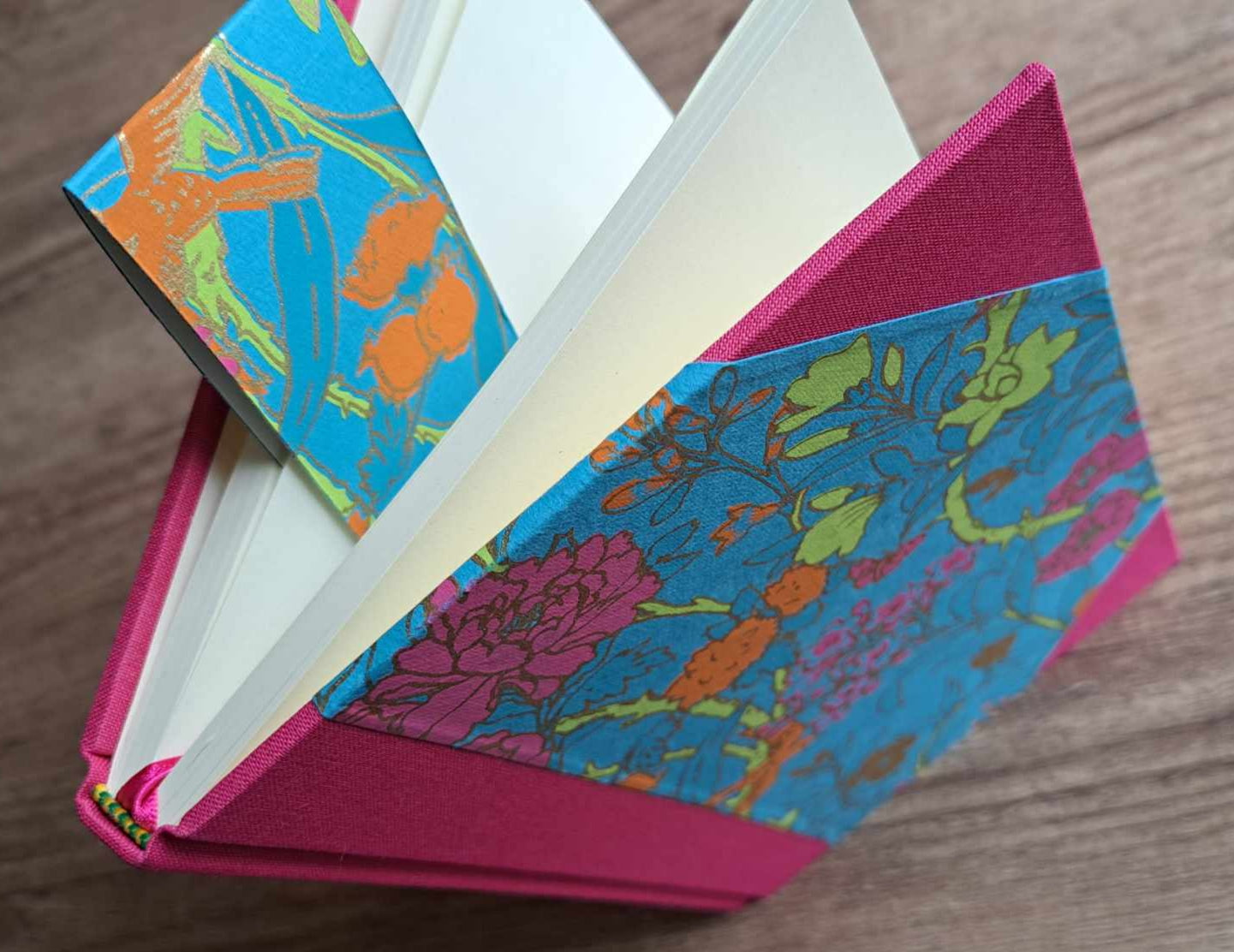 A5 Journal/Notebook (blank) - pink cloth bound with modern turquoise floral design front cover