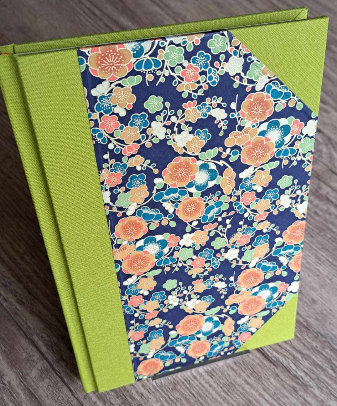 A5 Journal/Notebook (blank) - lime cloth bound with blue floral design front cover