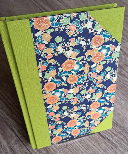 A5 Journal/Notebook (blank) - green cloth bound with stunning Japanese Chiyogami floral design front cover