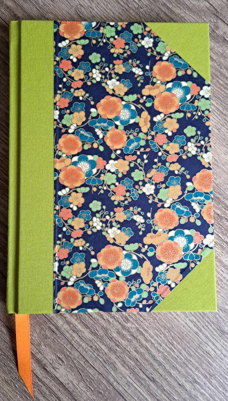 A5 Journal/Notebook (blank) - lime cloth bound with blue floral design front cover