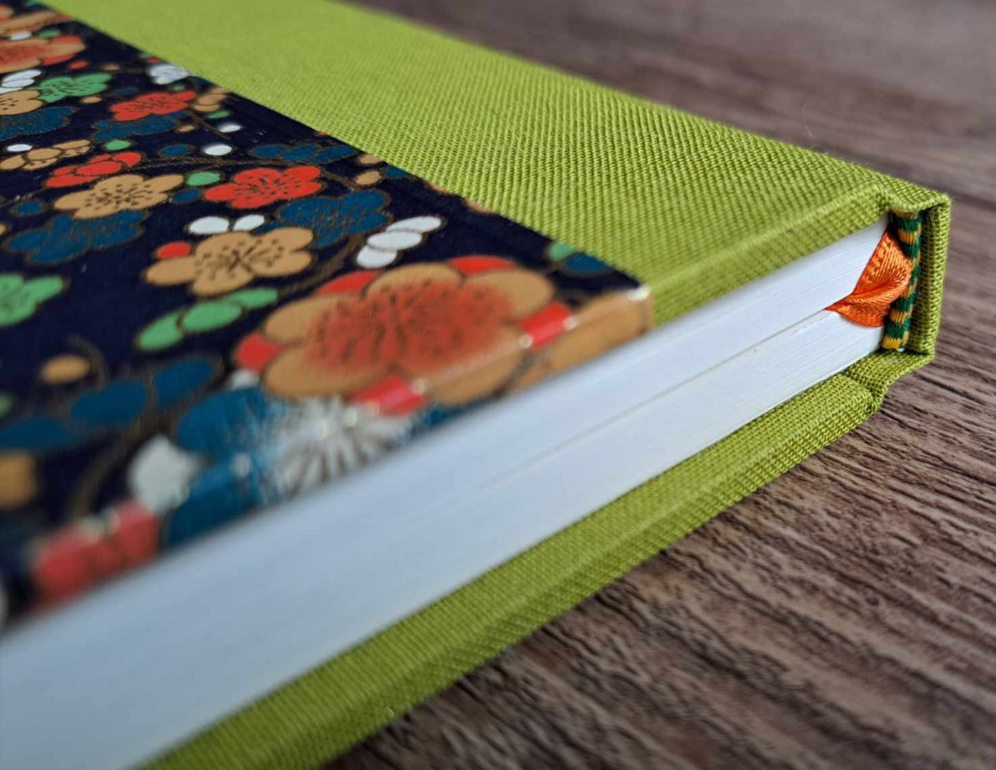 A5 Journal/Notebook (blank) - lime cloth bound with blue floral design front cover