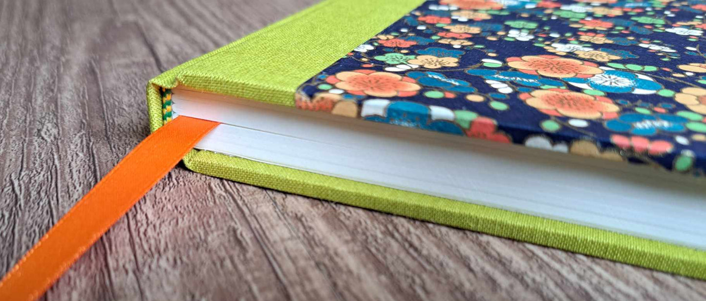 A5 Journal/Notebook (blank) - lime cloth bound with blue floral design front cover