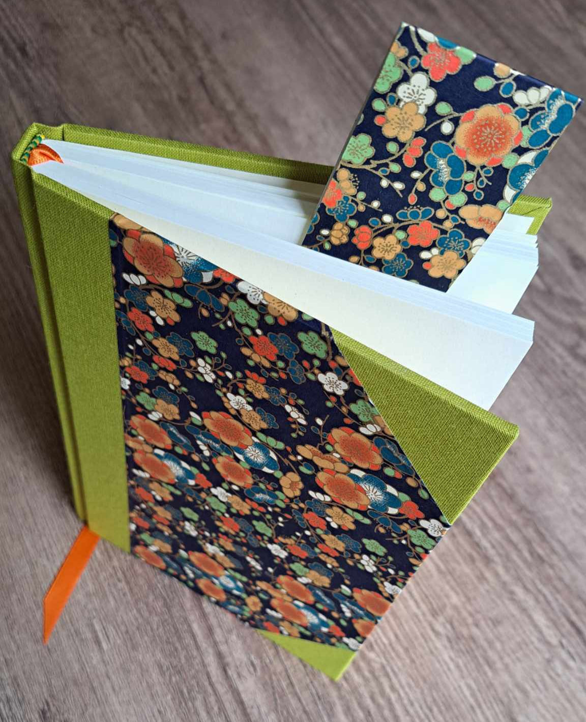 A5 Journal/Notebook (blank) - lime cloth bound with blue floral design front cover