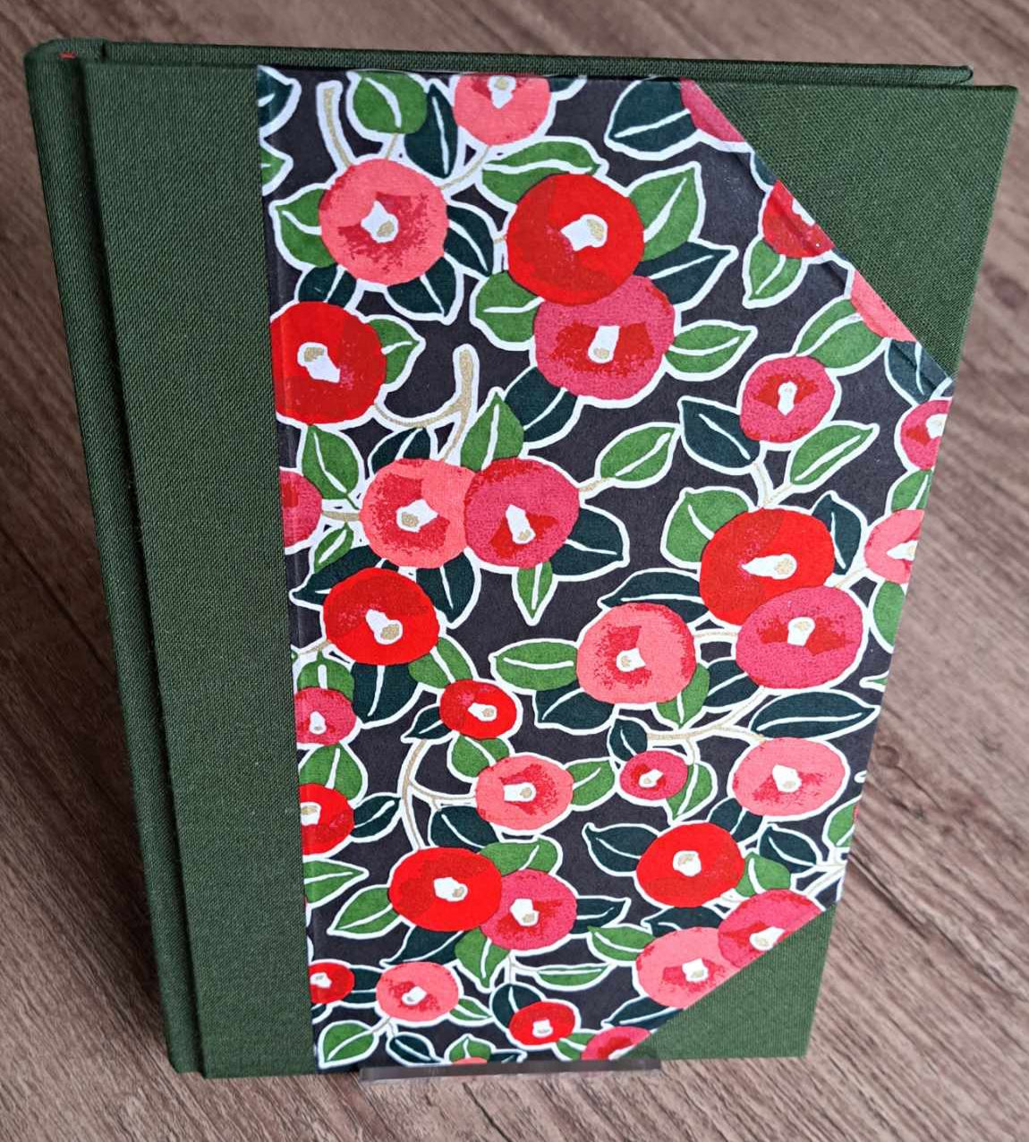 A5 Journal/Notebook (blank) - green cloth bound with pink and red floral design front cover