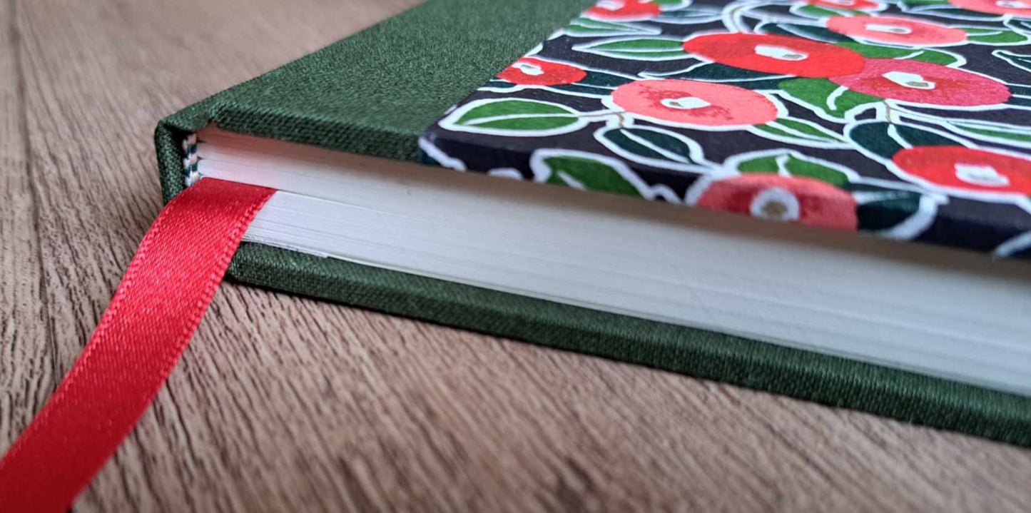 A5 Journal/Notebook (blank) - green cloth bound with pink and red floral design front cover