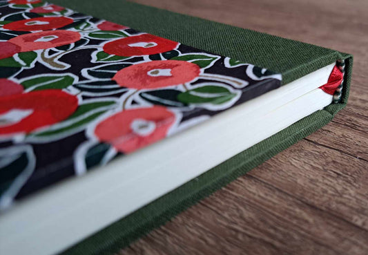 A5 Journal/Notebook (blank) - green cloth bound with pink and red floral design front cover