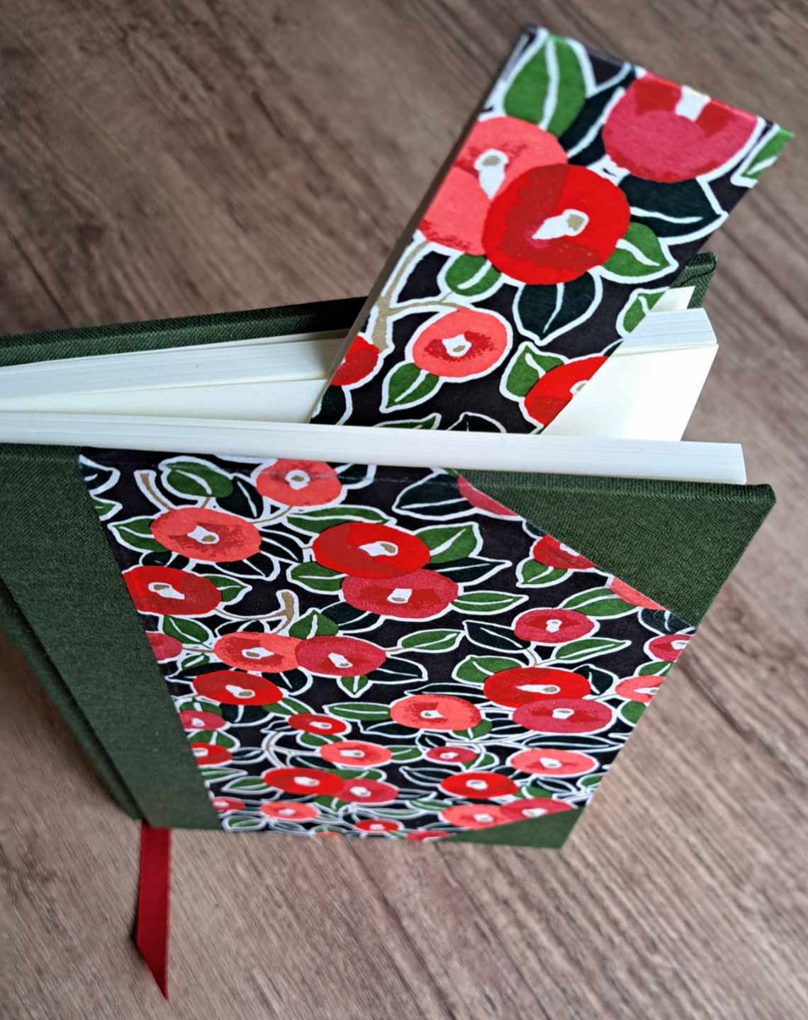 A5 Journal/Notebook (blank) - green cloth bound with pink and red floral design front cover