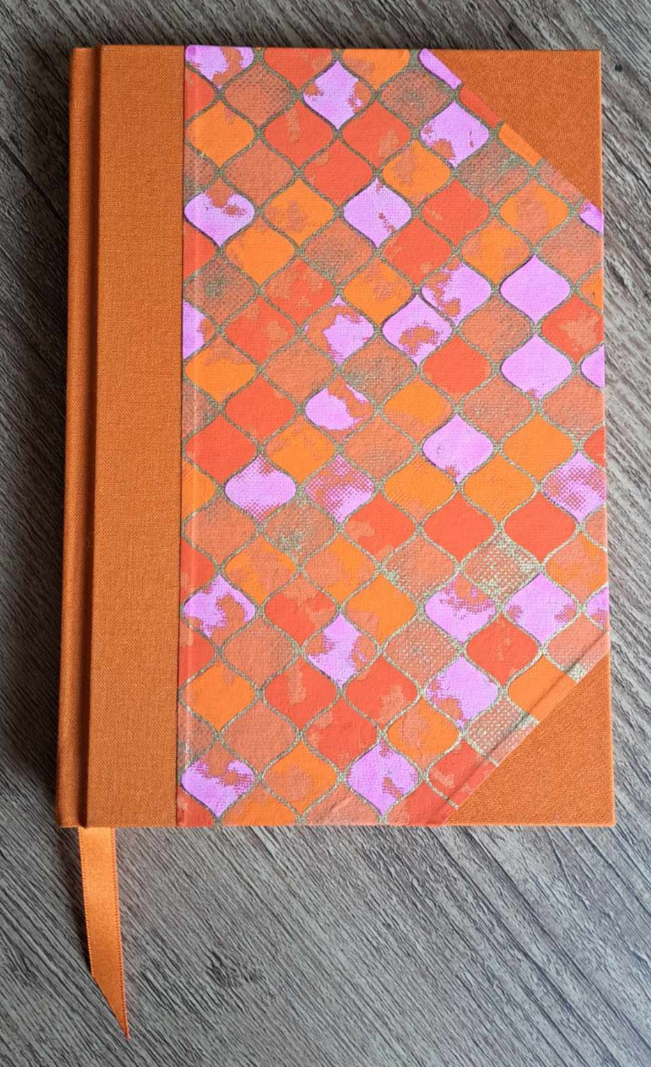 A5 Journal/Notebook (blank) - orange cloth bound with orange and pink geometric design front cover