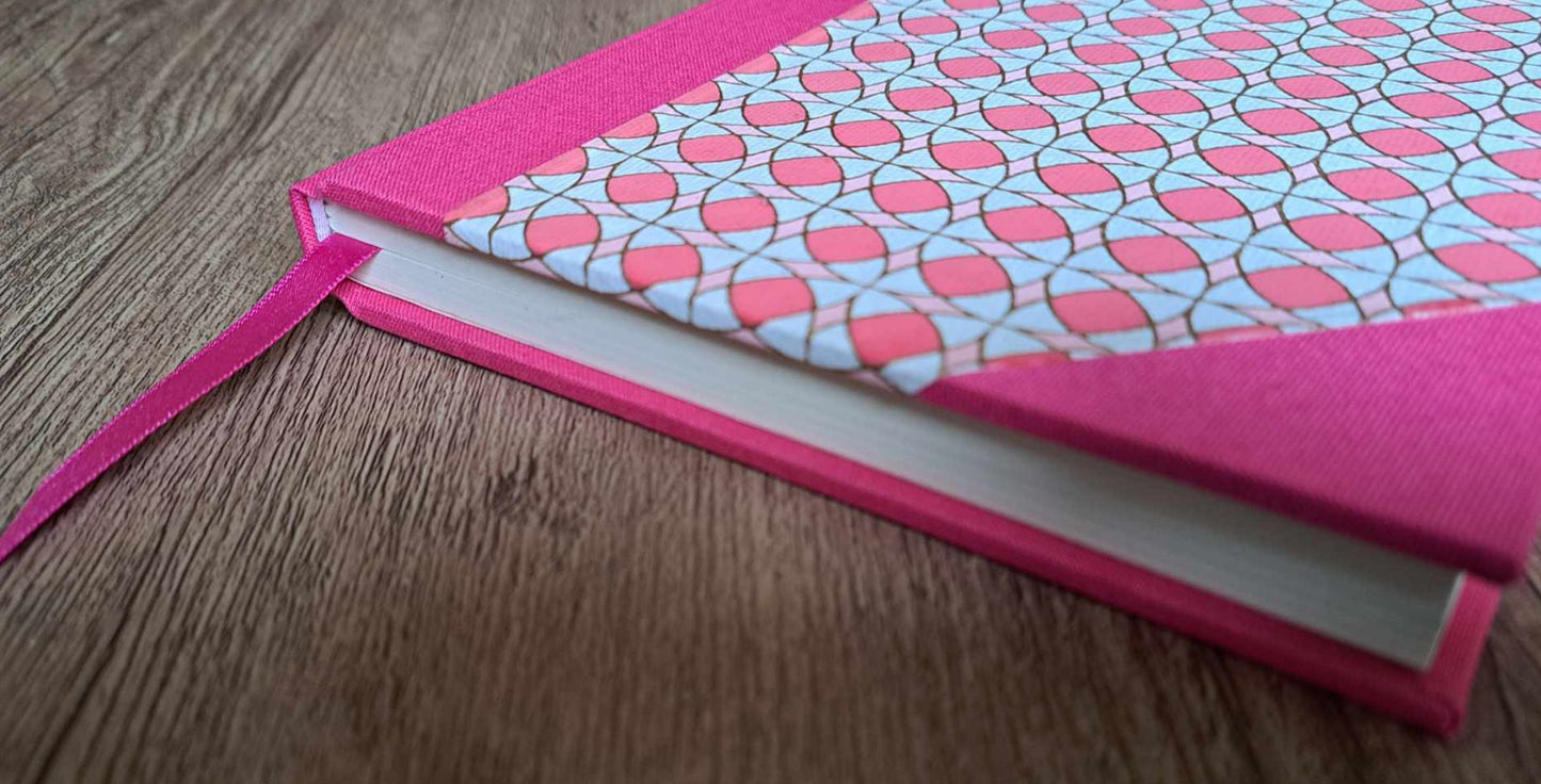 A5 Journal/Notebook (blank) - pink cloth bound with pink geometric design front cover