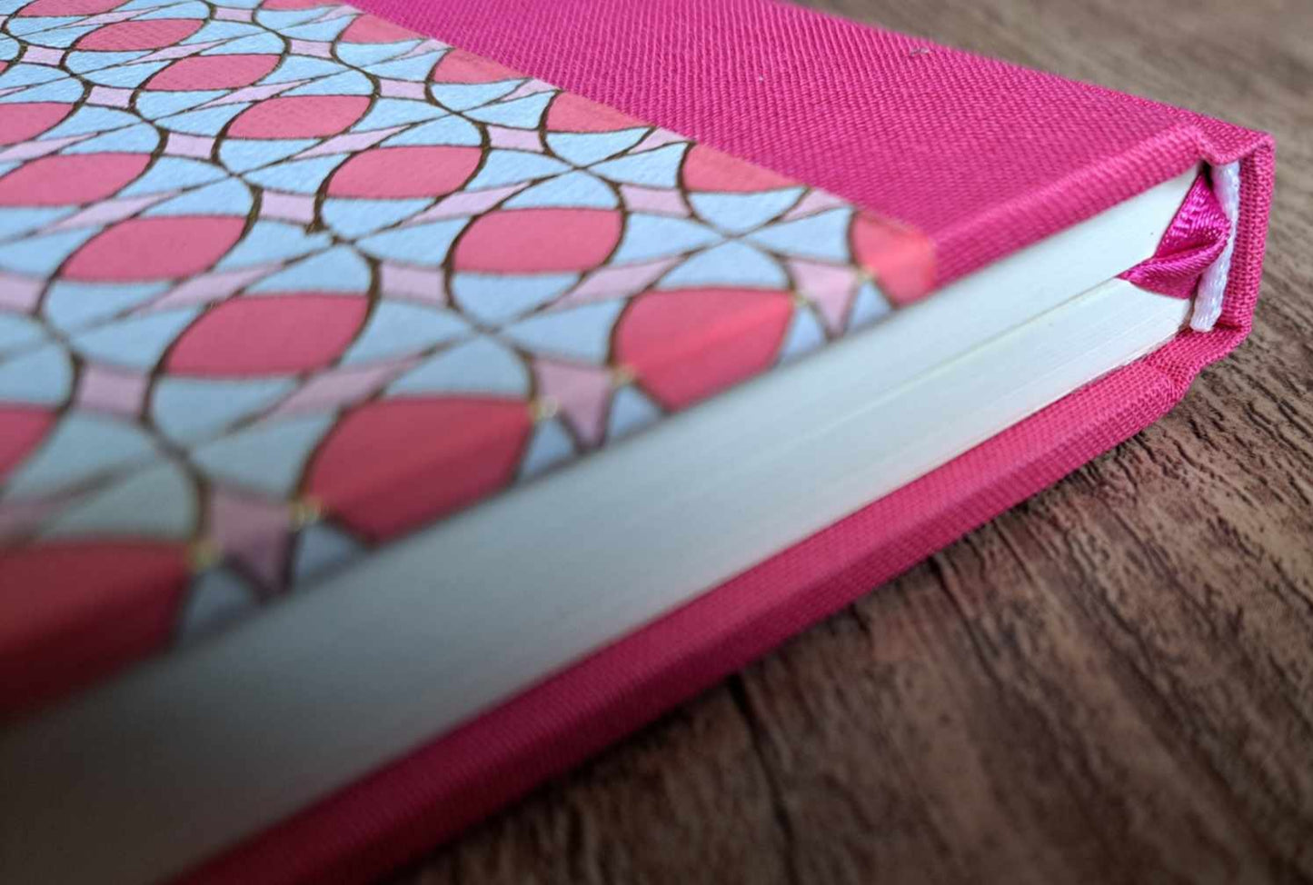 A5 Journal/Notebook (blank) - pink cloth bound with pink geometric design front cover